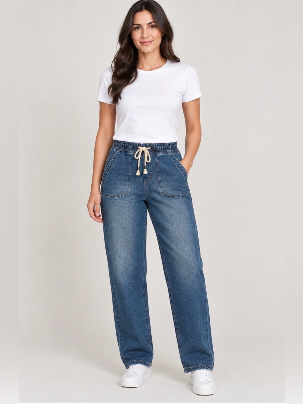 Sanctuary Medium Blue Drawstring Wide-Leg Jeans